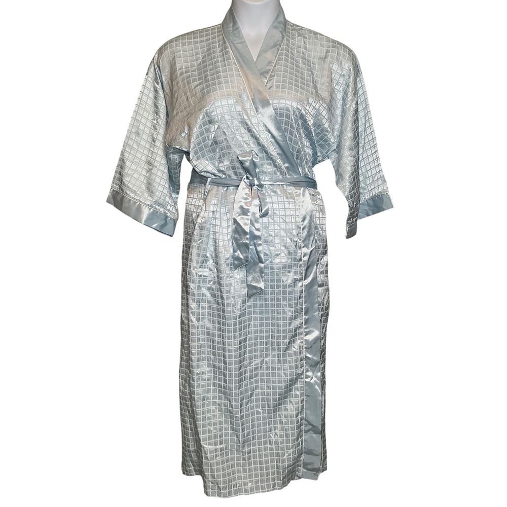 Vintage Lord & Taylor Womens Light Blue Satin Jacquard Kimono Robe Size M Roomy